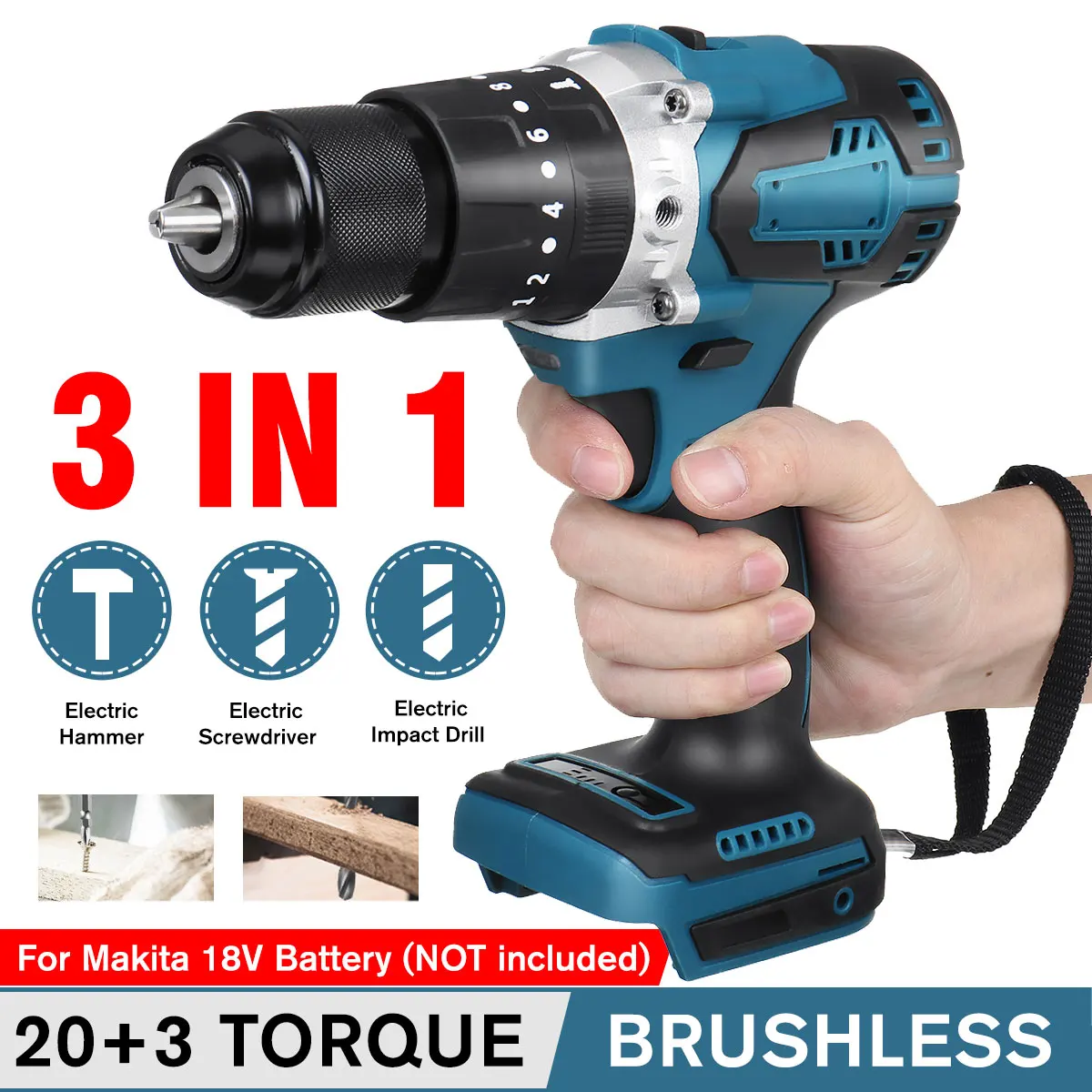 

Drillpro 3 in 1 13mm Brushless Electric Impact Drill Hammer 20+3 Torque Rechargeable Electric Screwdriver for Makita 18V Battery