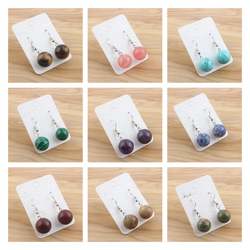 

1pair 14mm Round Beads Natural Stone Opal Obsidian Tiger Eye Beads Reiki Gem Pendant Dangle Earrings For Women Jewelry Gifts