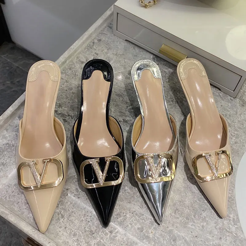 Женские туфли лодочки из лакированной кожи шлепанцы на высоком тонком каблуке 5