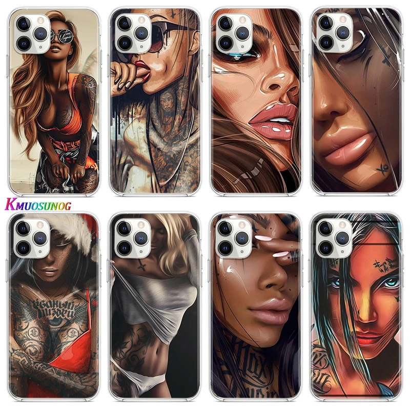 

Sexy Sleeve Tattoo Girl For Apple iPhone 12 11 Pro Max mini XS Max XR X 8 7 6 6S Plus 5S SE 2020 Transparent Phone Case