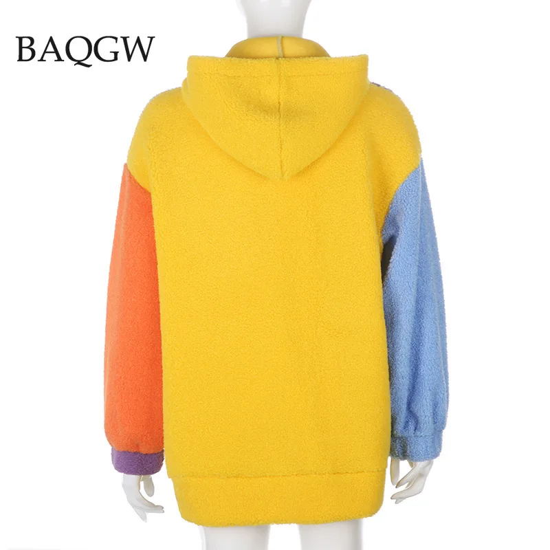 

Fashion Color Block Pockets Zipper Jackets Women Long Sleeve Slim Crop Top Winter Teddy Coat Cool Streetwear Warm Long Jacket