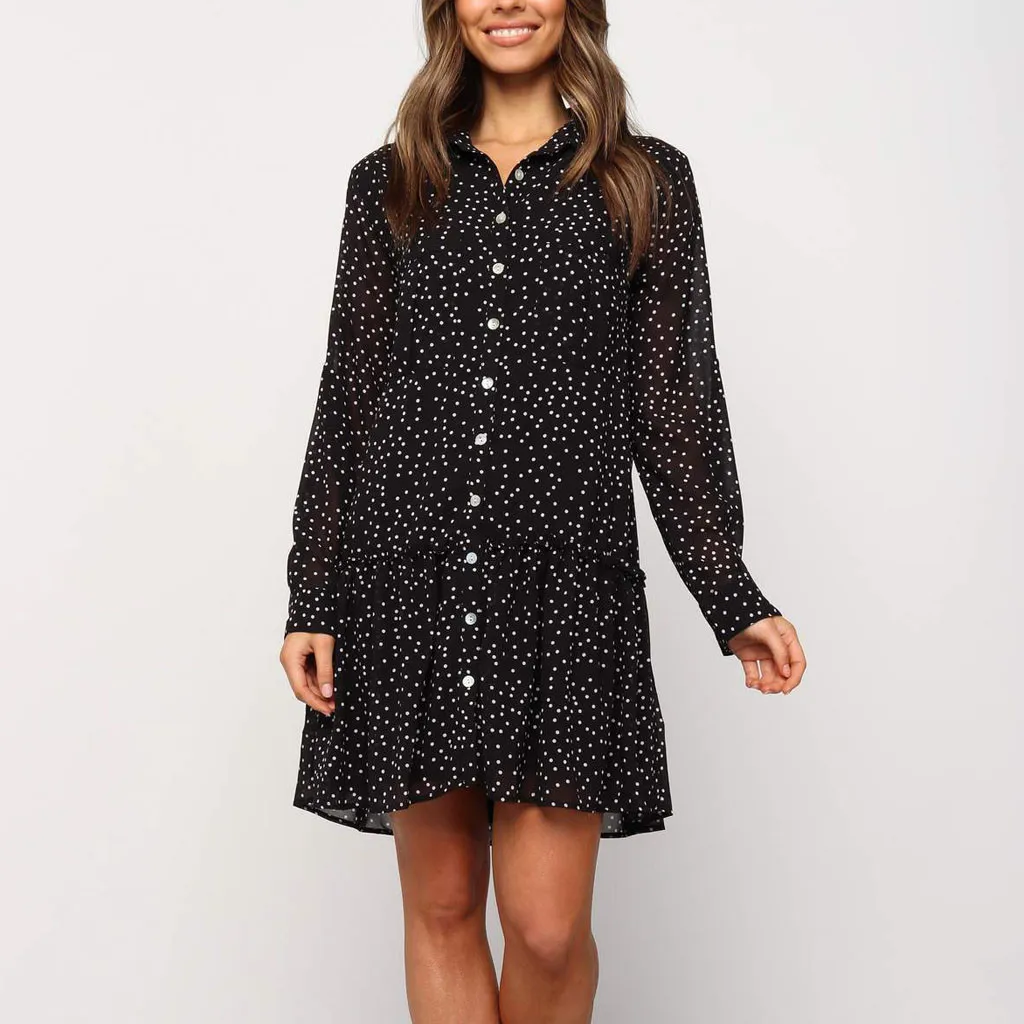 Новое осенне зимнее платье женское модное повседневное сексуальное в горошек с