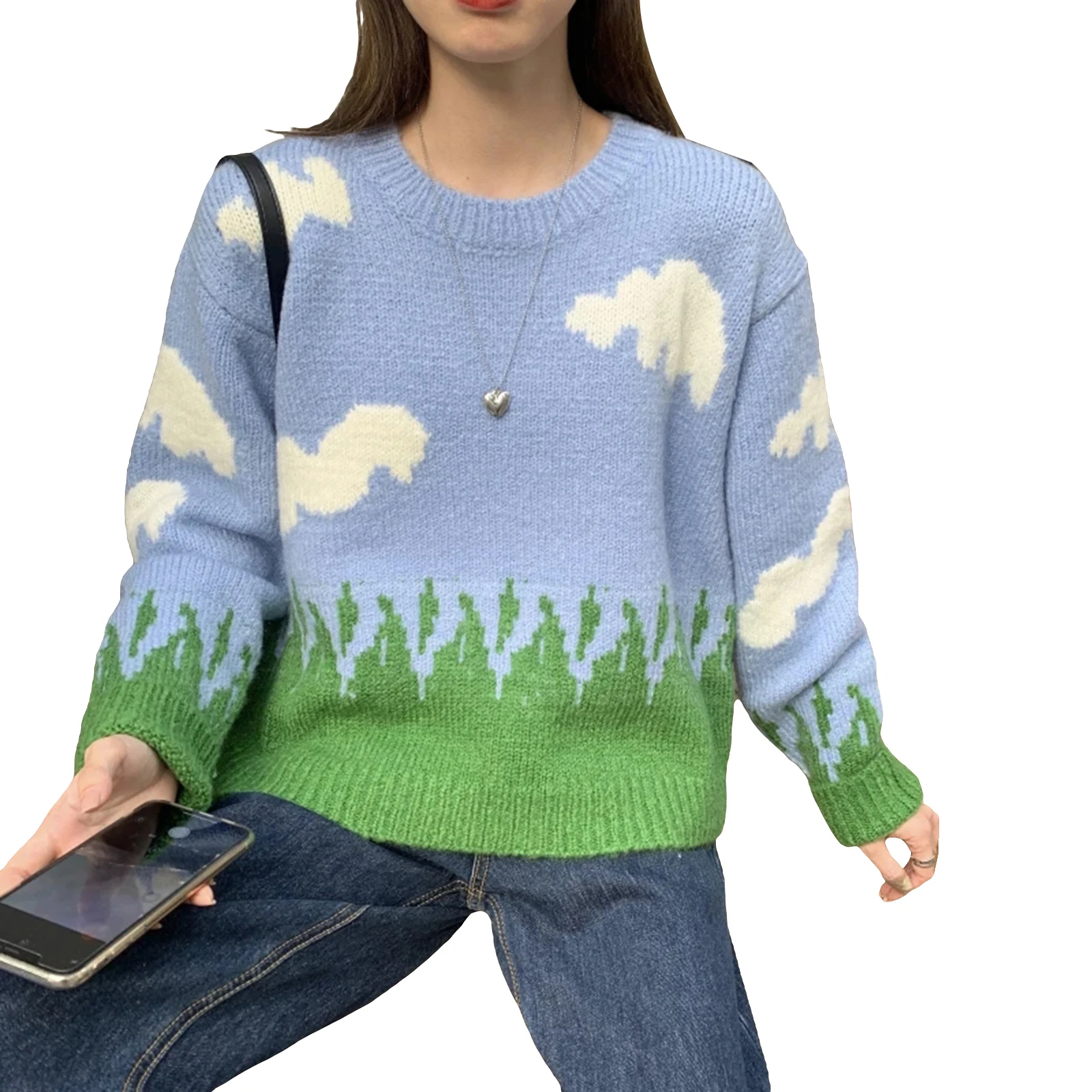 Женский вязаный свитер с принтом в виде облаков модные пуловеры большого размера