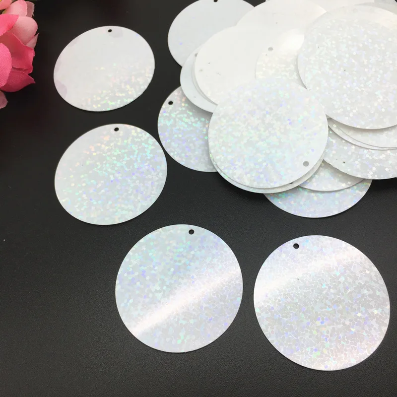 50g Large Round Sequins For Crafts 40mm PVC Flat Flakes For Costumes With 1 Side Hole Laser White Paillettes