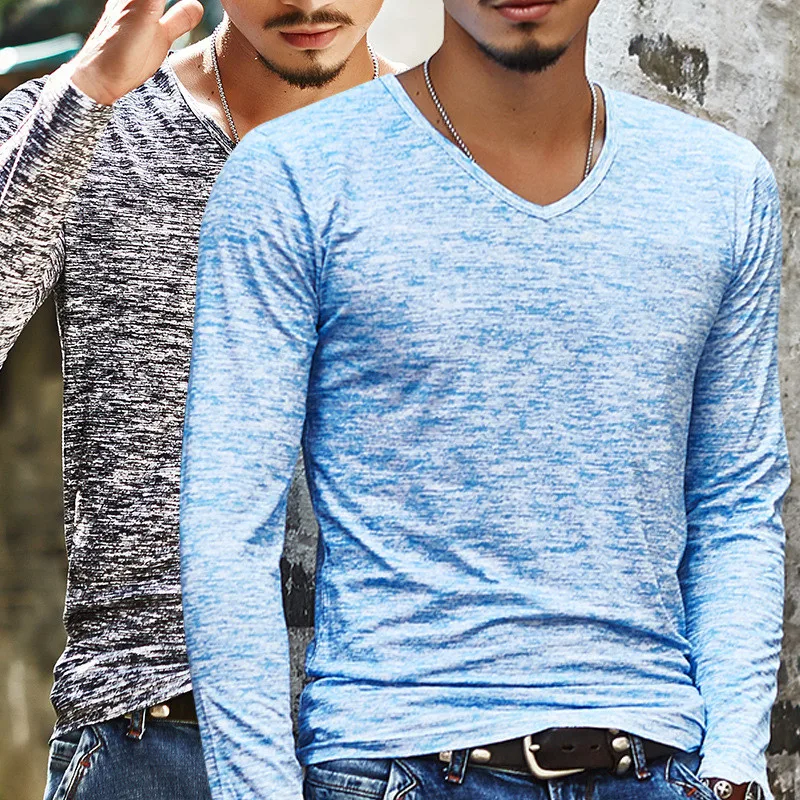 

Fashion 2021 Autumn New Trendy Men Tie Dye T Shirt Casual Long Sleeve Slim Men's Tshirt Tops V neck Slim Tees Camisetas Poleras