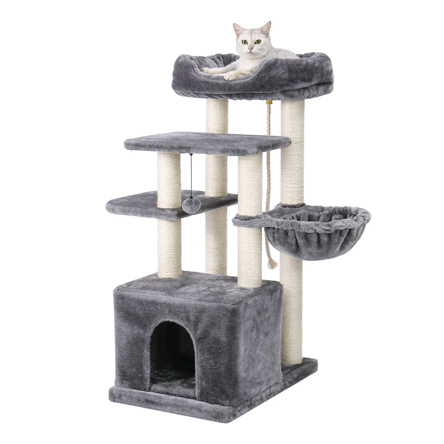 US Fast Delivery Cat Tree Condo Natural Sisal Scratching Post for Kitten Pet Cat Tower Cozy Perch Specious Hummock Dangling Ball