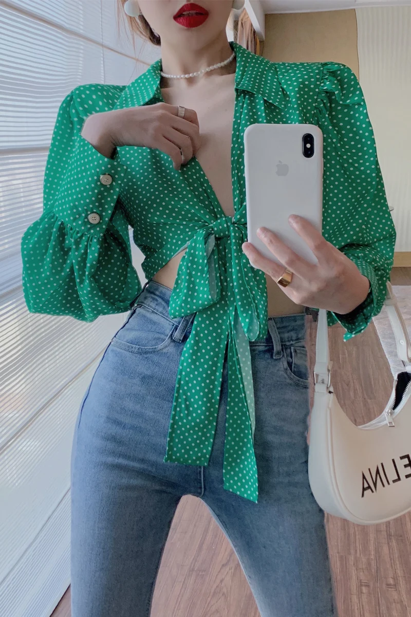 

COIGARSAM Fashion Polka Dot Shirt Womens tops Summer Puff Sleeve Women shirts Green 0539
