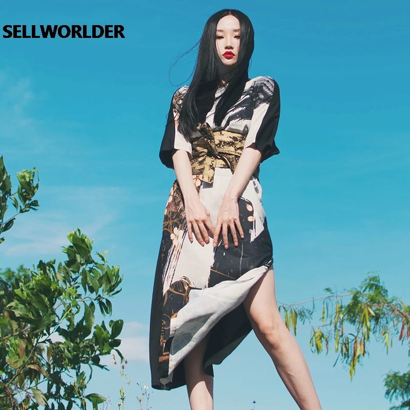 

2021 Woman Japanese Kimono Style Knitting Slit dress Short Sleeves dress