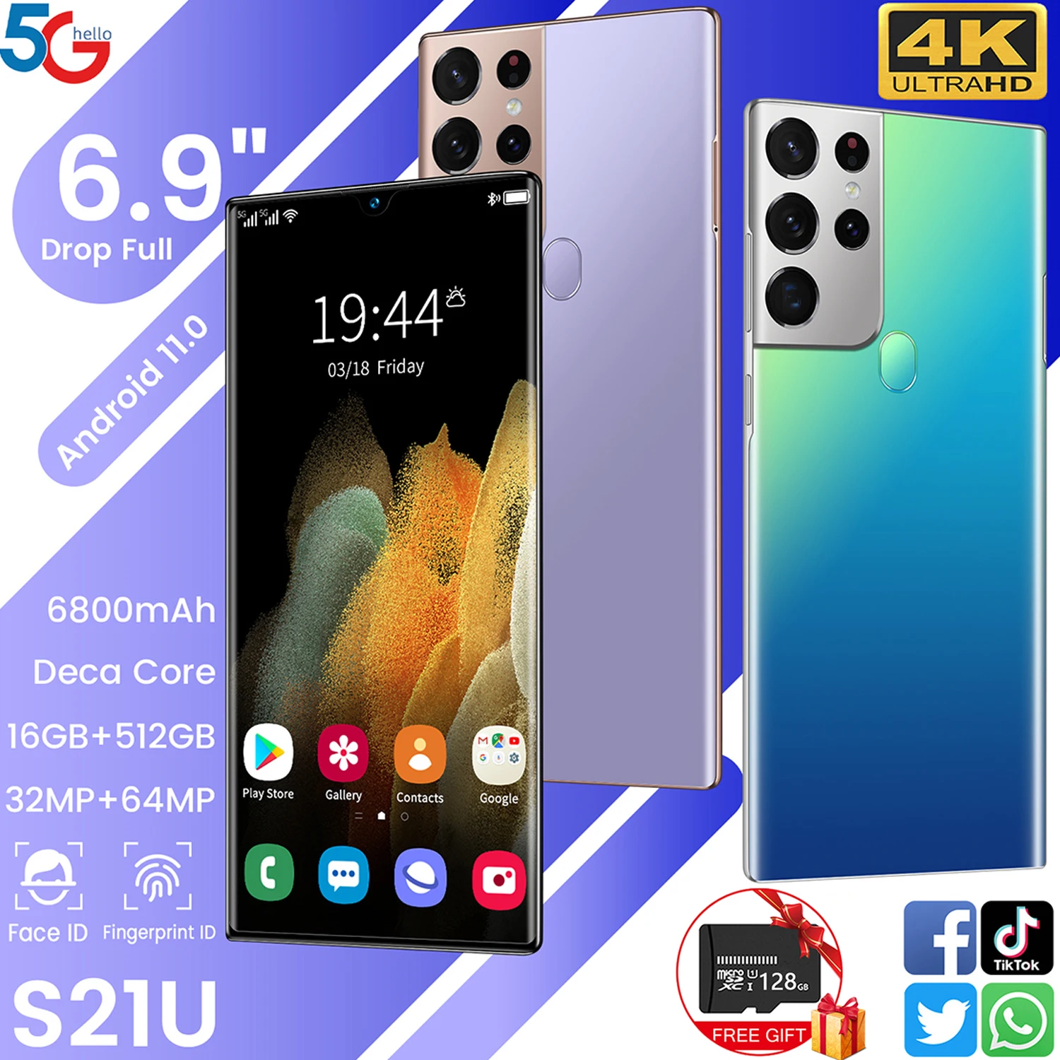 

Смартфон глобальная версия S21 с ультратонкой 3D поверхностью, 16 ГБ + 512 ГБ, MTK6889, 64 мп, 6,9 дюйма, телефон Android, 6800 мАч, GPS, сотовый телефон