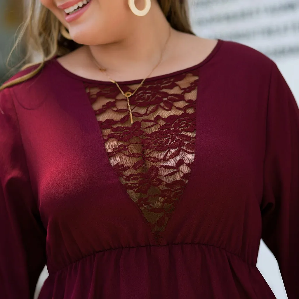Women's Plus Size O-Neck Sexy Solid Color Lace Stitching Ruffled Sleeve Dress vestidos de fiesta noche sukienka Dropship #F | Женская