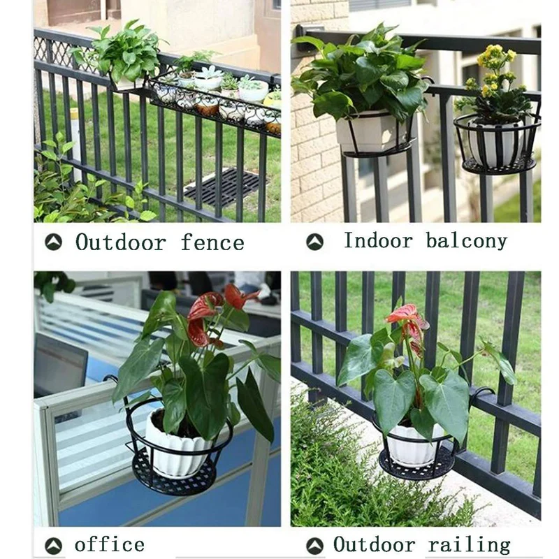

Metal Plant Stand, Metal Art Hanging Baskets Flower Pot Holder over the Rail Metal Fence Planters Assemble(Black,4Pcs)