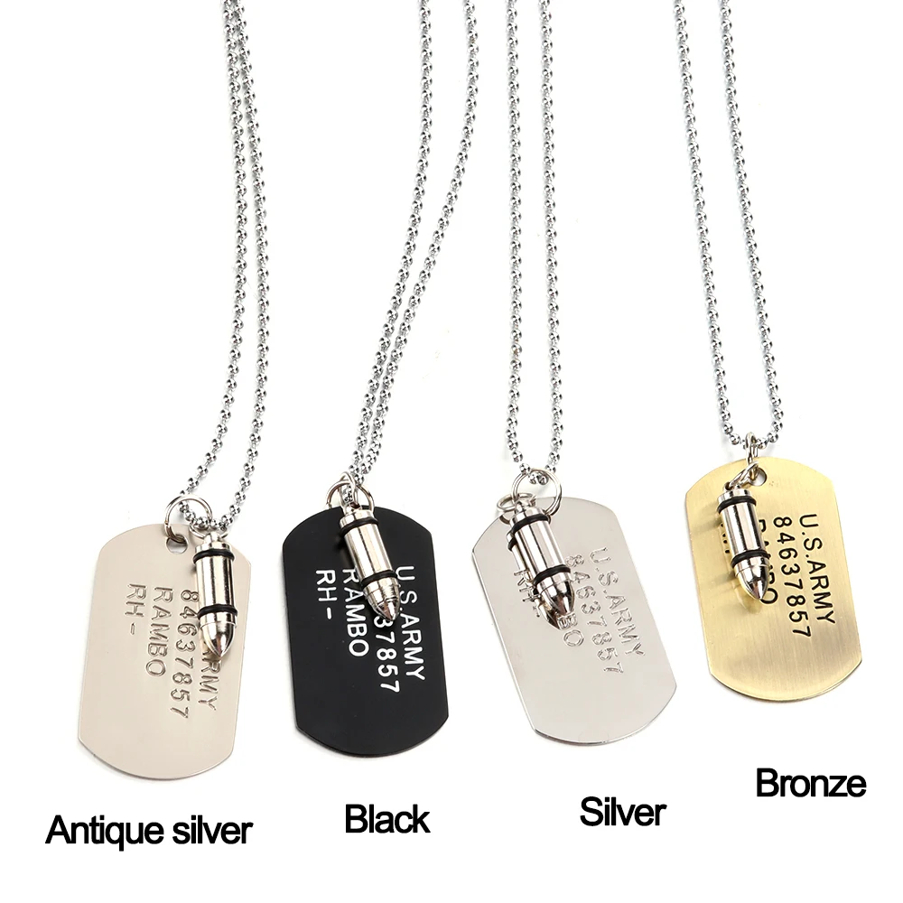 High Quality Fashion Men Military Army Bullet Charm Dog Tags SINGLE EMBOSSED Chain Pendant Necklace Jewelry Gift