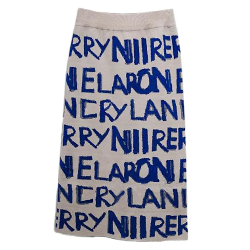 

Purplelano Streetwear Letter Print Knitted Midi Skirt High Waist Slit Slim White Bodycon Skirts Women Korean Fashion 2021