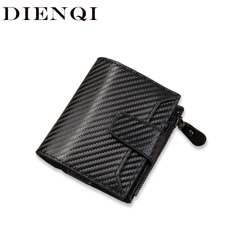 

DIENQI Carbon Fiber Rfid Card Holder Wallet Purse Men Vintage Money Bag Male Trifold Leather Black Wallet With Coin Pocket Walet