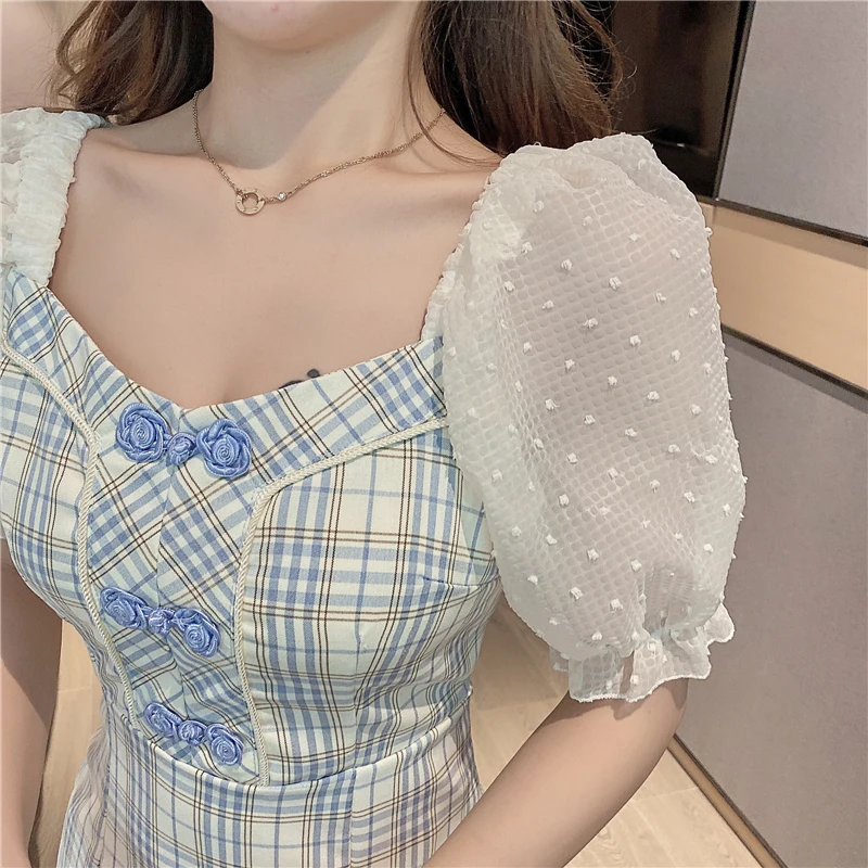 

Korean Women'S Dress Summer New Square Collar Women Stripe Slim Dress Bodycon Chiffon Puff Sleeve Vintage Mini Cheongsam Dress