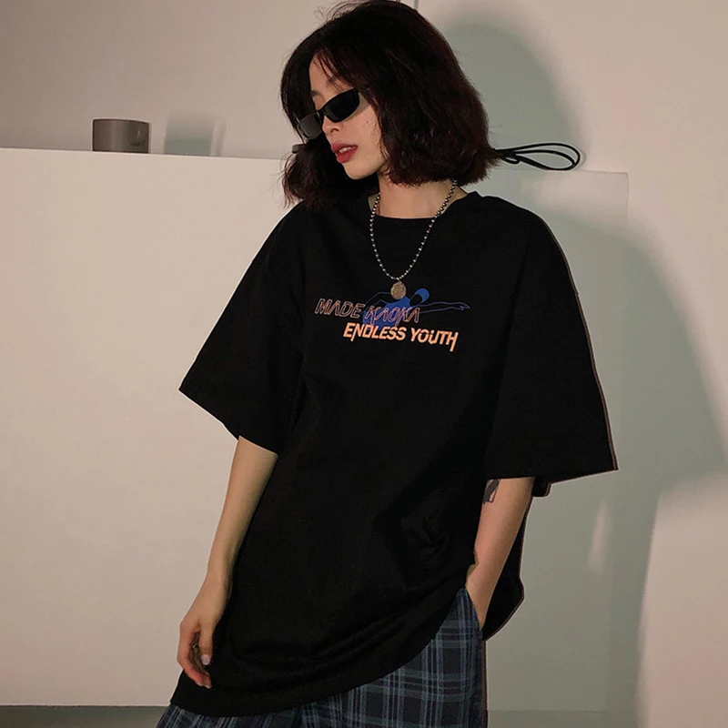 

Top Women's t-shirts summer tra cotton letter retro print round neck mid-length top harajuku sweet and loose y2k woman tshirts