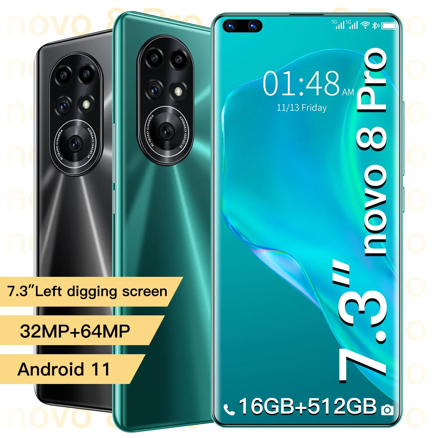 

Hot Novo8 Pro 7.3 Inch Cell Phone Global Version Full Screen 6800mAh 16+512GB 32+64MP Face ID Unlock 4G 5G Android 11 Smartphone