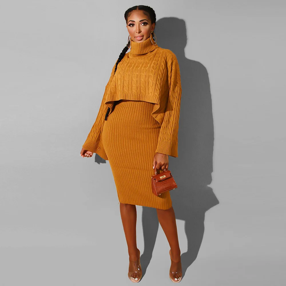 Autumn Winter Knitted Sweater Two Piece Set Turtleneck Long Sleeve Loose Crop Top+ Bandage Midi Tank Dress Plus Size Tracksuit