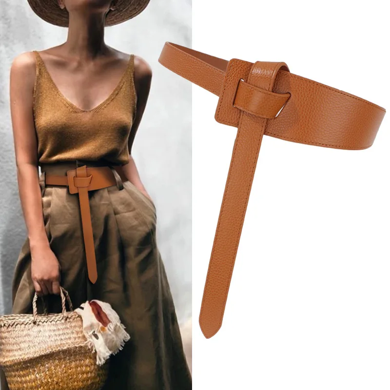 

First layer of cowhide casual wide belt ladies in the workplace lengthen leather decorative coat with sweater waist knot girdle