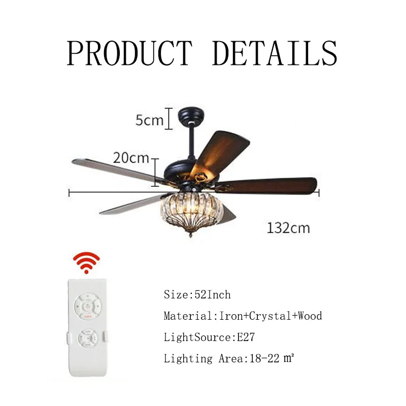 Деревянный потолочный вентилятор в виде листьев лампа стиле ретро Хрустальный