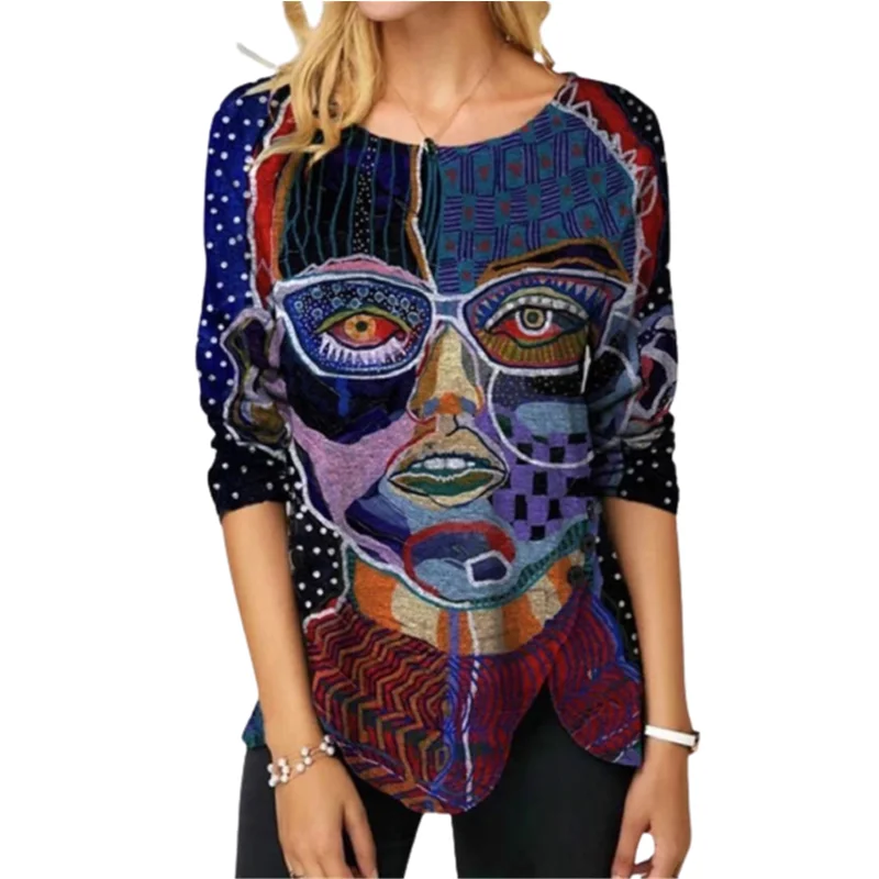 

2021 Ladies Loose Pullover Long Sleeve Casual Round Neck Print Sexy Irregular Hem T-Shirt