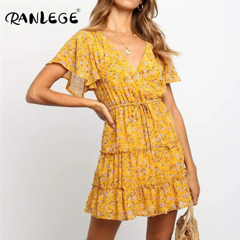 Женское платье с цветочным принтом RANLEG летнее Бандажное v образным вырезом и