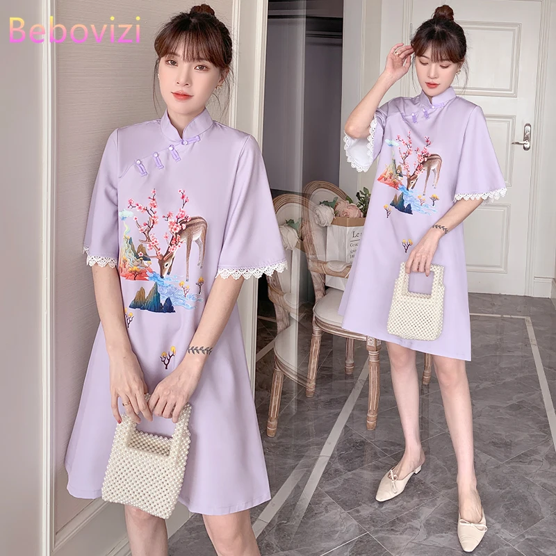

Plus Size M-4XL 2021 New Year Purple Loose Fashion Modern Cheongsam Dress Women Short Sleeve Qipao Traditional Chinese Clothes