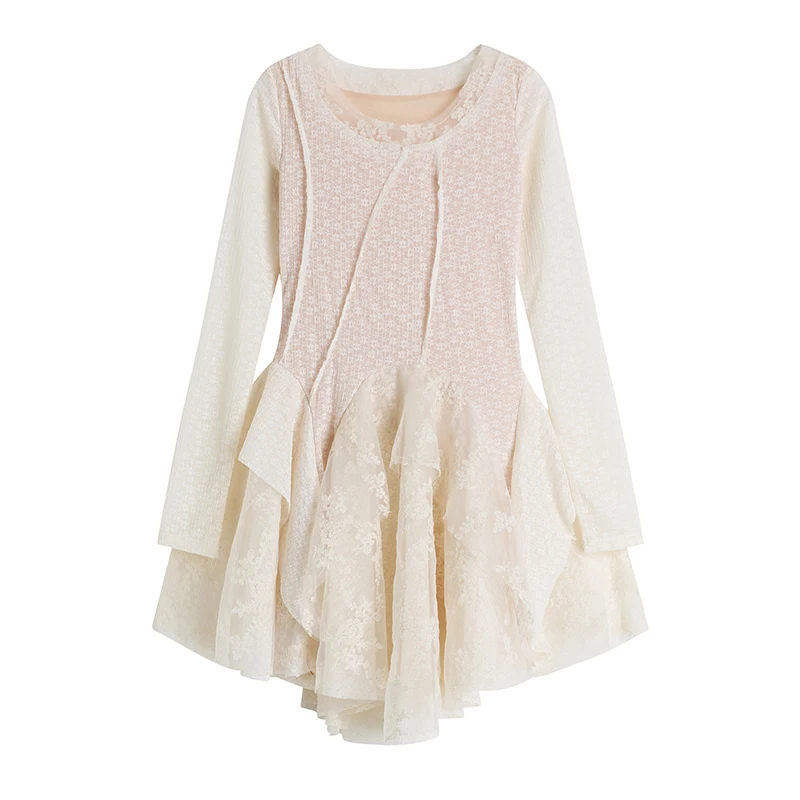 

Lace Dress Female Autumn New Sweet Long-sleeve Temperament Waist Irregular Mesh Skirt Mini Skirt Sexy Apricot Frocks For Women