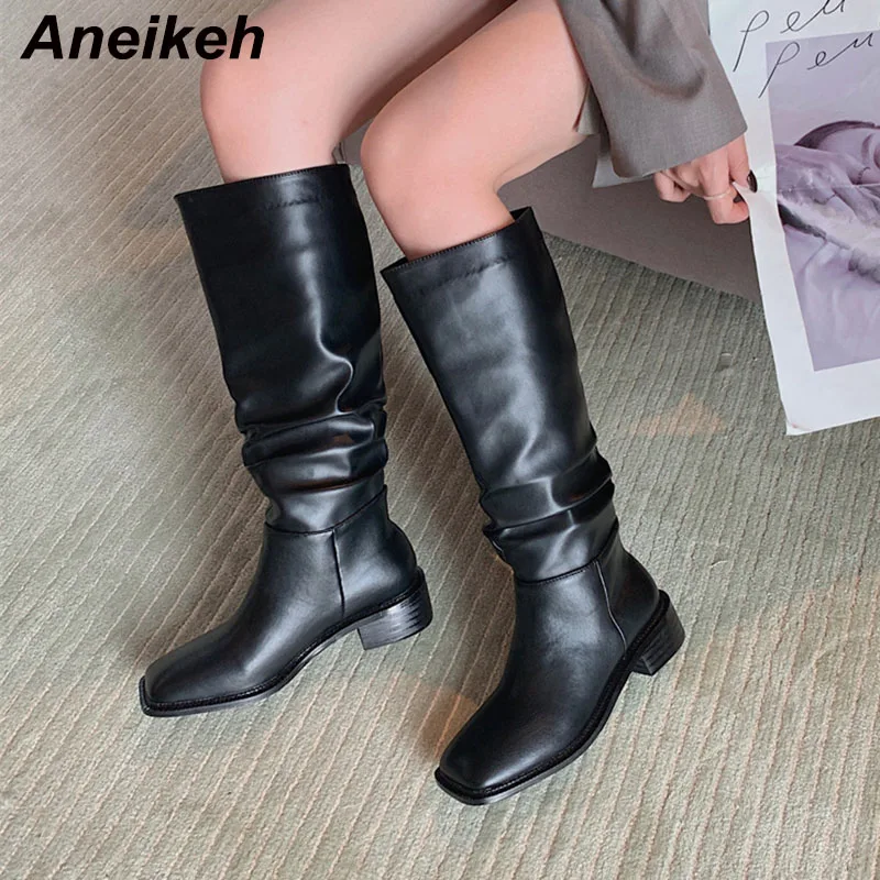 

Aneikeh Fashion PU Square Heel Design Sense Booties Pleated Women's Winter High Boots 2021 Knee-High Shoes Slip-On Comfort Party