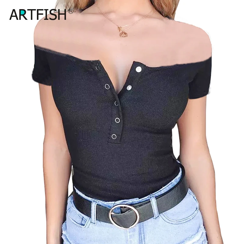 

Buttons Ribbed Knitted Tops Basic Off Shoulder Bodysuits Women Sexy Short Sleeve Female Skinny One Pieces Suits Rompers GV493