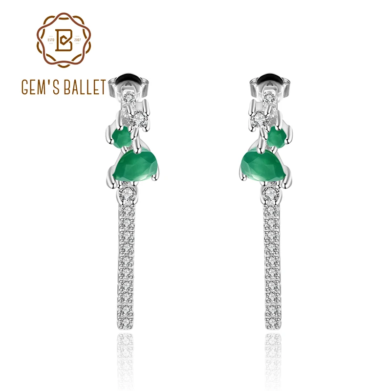 Серьги подвески женские из серебра 925 пробы с натуральным зелёным