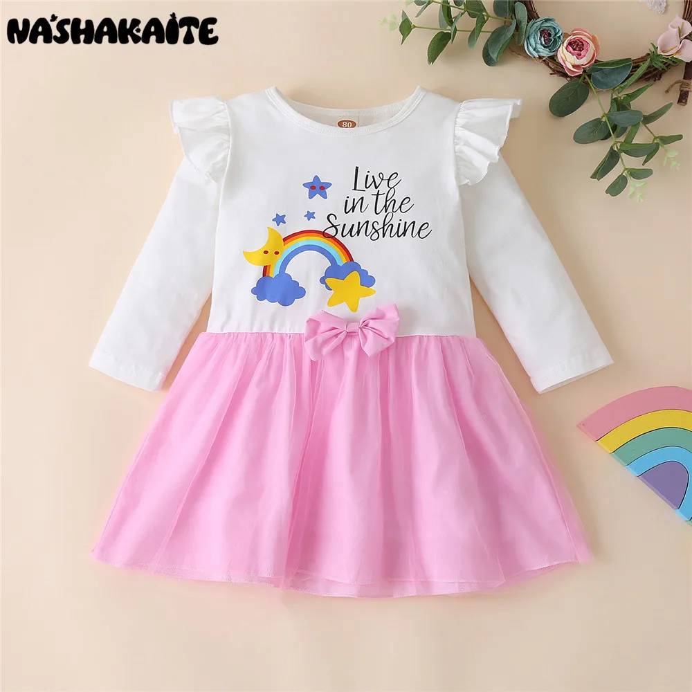 Платье для девочек NASHAKAITE платья с радужным принтом осенние летающими рукавами