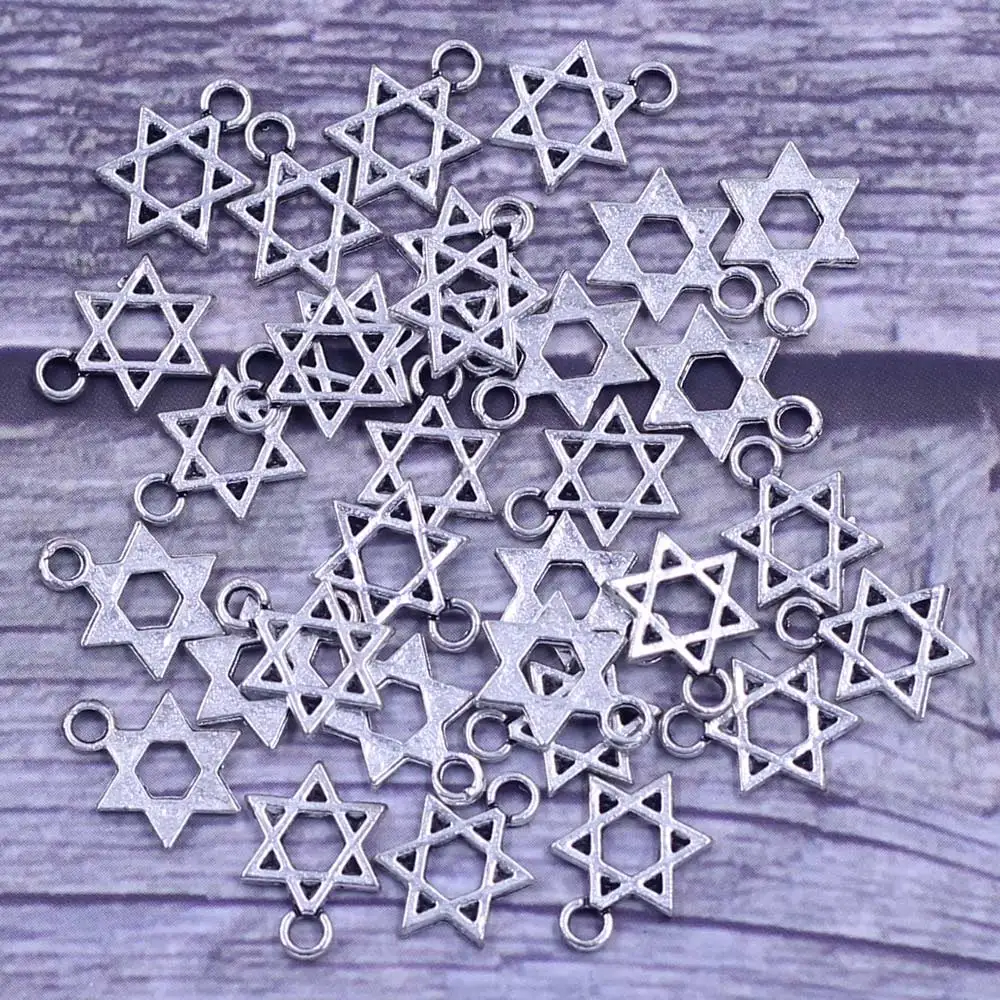 

50Pcs Pendants Hexagonal Star Hollow Antique Silver Tone Charms Breloque Jewelry DIY Making Finding 12x8mm