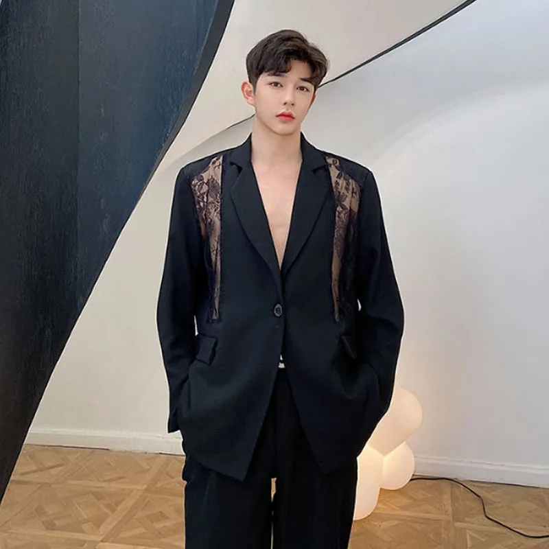 

Men Hollow Lace Splice Casual Suit Jacket Stage Fashion Show Male Women Loose Blazer Suit Coat Outerwear