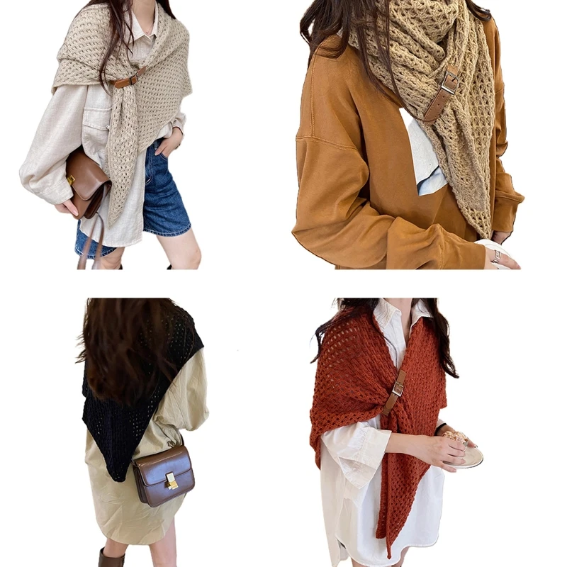 

Winter Women Scarf Thin Shawls Leather Buckle Triangular Shawl Wraps Scarf Female Outdoor Knit Warm Weaved Cloak Cape Scarf