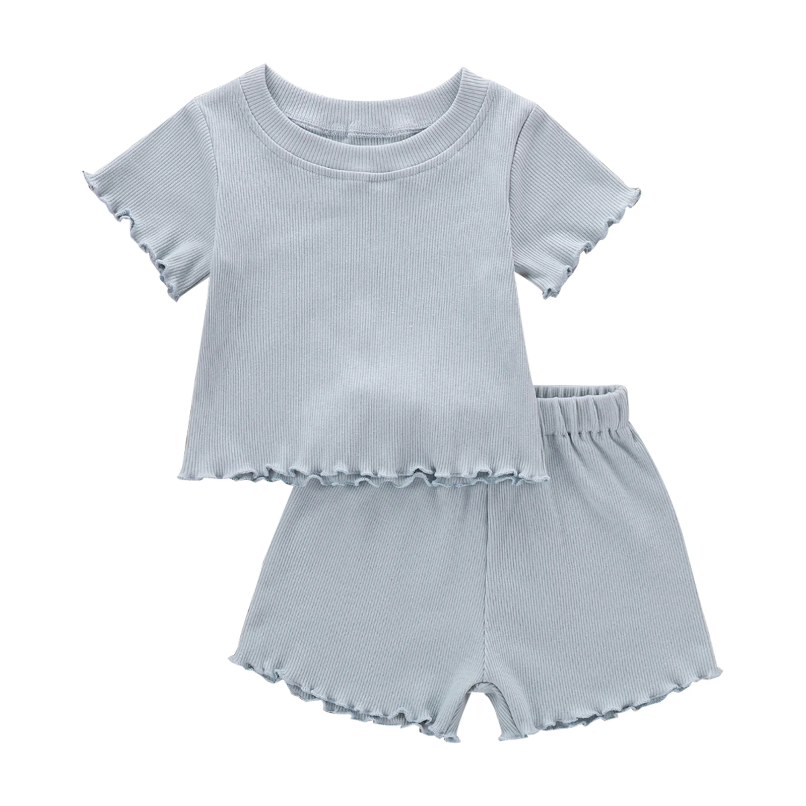 

Fashion Girls Boys Newborn Summer Suit Solid Color Ribbed O-Neck Short Sleeves Tops+Elastic Waist Shorts Outfits For Toddler
