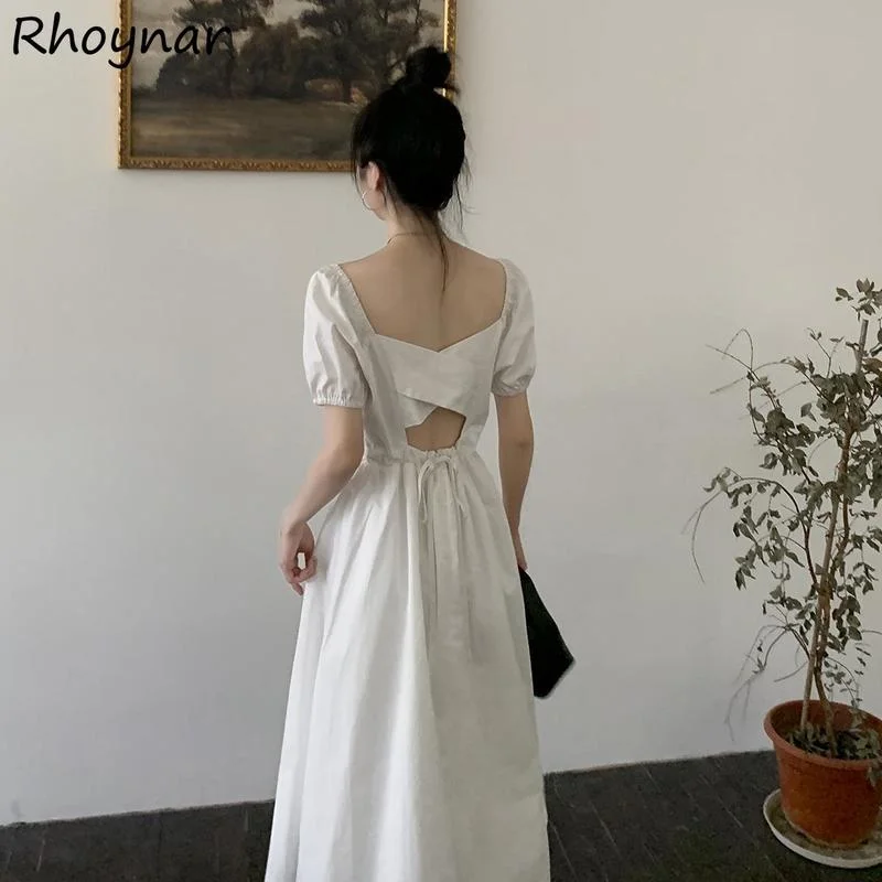 

Dress Women Summer Elegant Backless Trendy French Style Tender Casual Romantic Mid-calf Waist-Tight Puff Sleeve Female Vestido