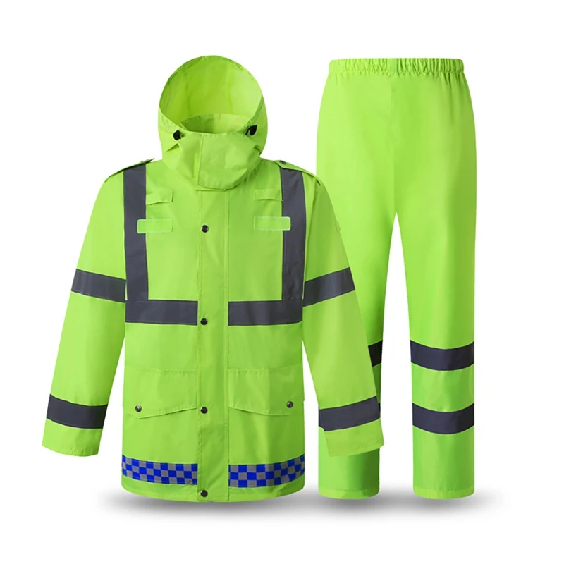 

Reflective Rain Suit Hooded Long Sleeve Jacket Pants Kit High Visibility Windproof Waterproof Raincoat Rainwear Suitym