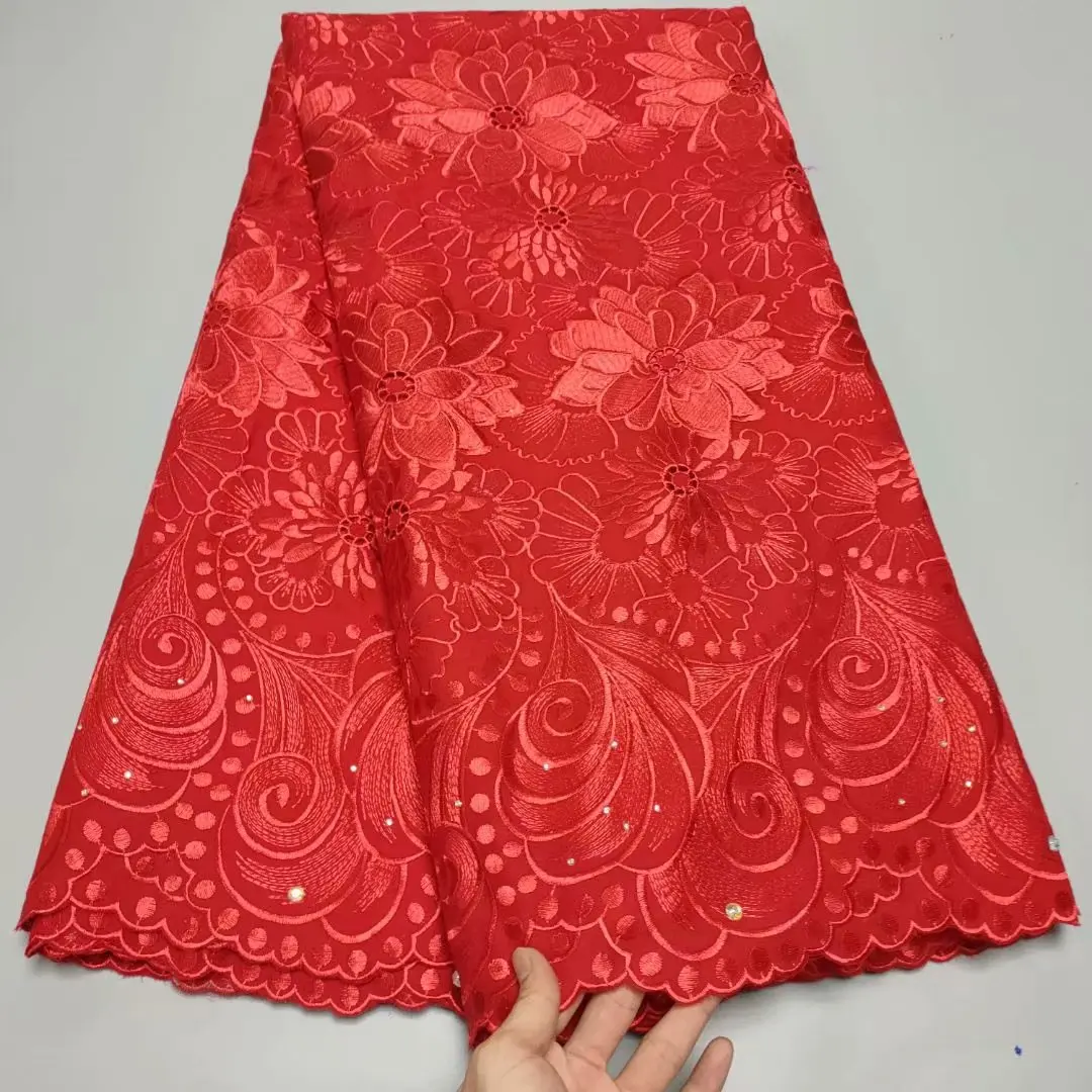 

Red African Cotton Lace Fabric 2021 High Quality Swiss Voile Cloth In Switzerland Embroidery Nigerian TIssus Coton Material TC29