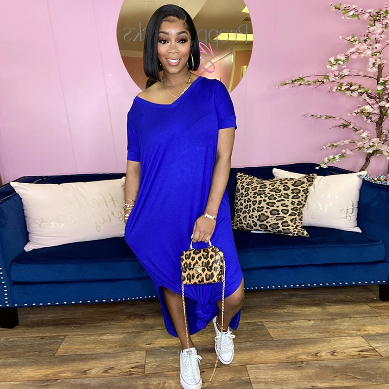 

Loose Short Sleeve Maxi Dress Summer Casual Streetwear Dresses for Women Birthday Outfits Sexy Side Split Pocket Dress