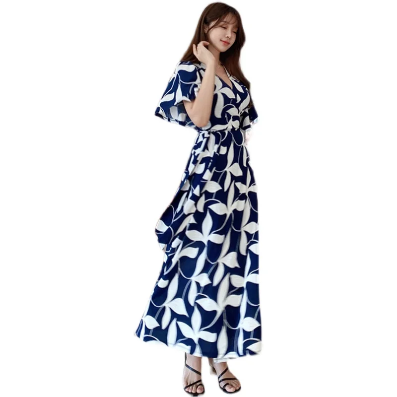 

Summer 2021 Runway Elegant Wrap Korean Casual Sea Beach Vacation Party Night Vestidos New Women Long Floral Print Dresses