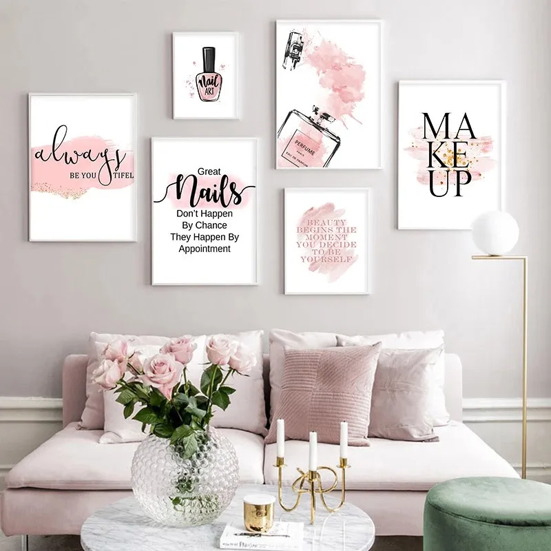 

Perfume Nail Polish Poster Print Fashion Pink and White Flower Eyelash Makeup Canvas Wall Art Painting Pictures Girl Room Decor
