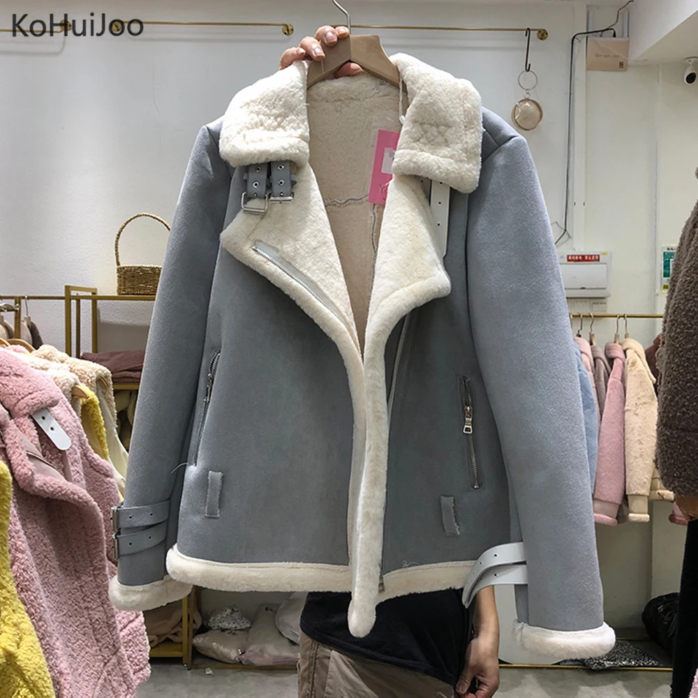 Kohuijoo Женские зимние кожаные куртки с поясом, модное пальто из овечьей шерсти и замши, женские уличные мотоциклетные теплые куртки