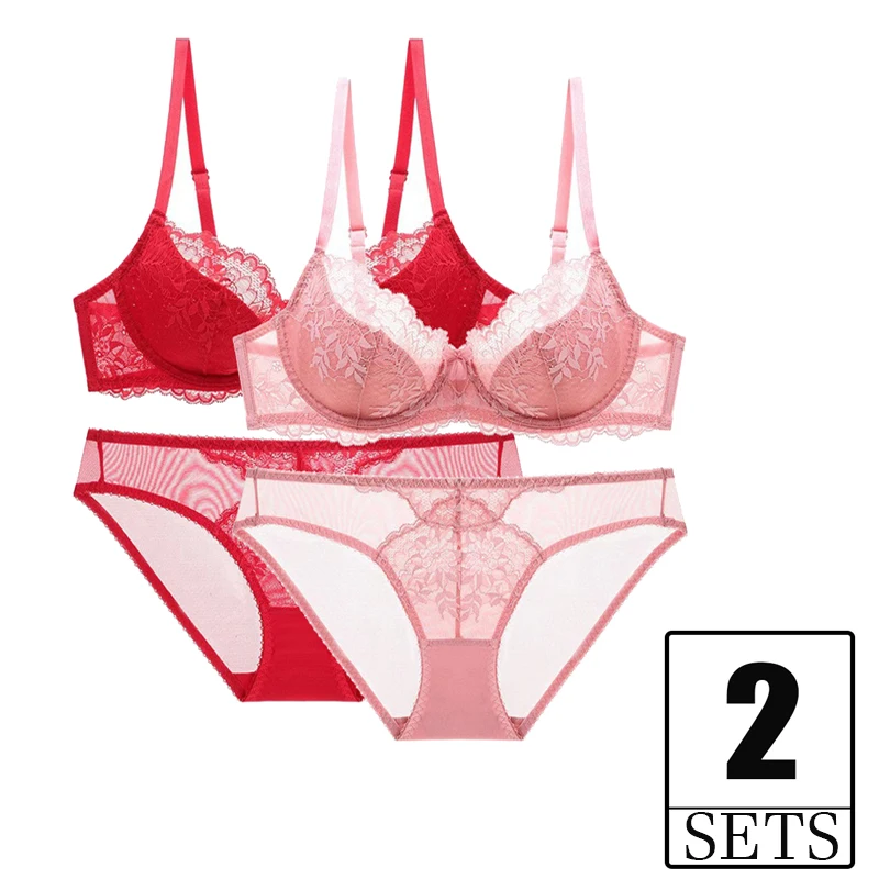 

2 Piece Lace Bras And Panties Sets For Women Thin Sexy Underwear Set Push Up Brassiere Pink Red Lingerie Plus Size A B C D E Cup