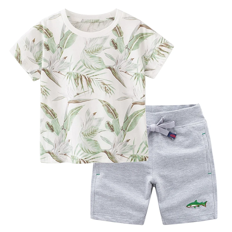 BINIDUCKLING Summer Child Outfits Leaf Printed Boys Kids Clothes Set Cotton Short Sleeve T-shirt+Short For Toddler Boy Clothing | Детская