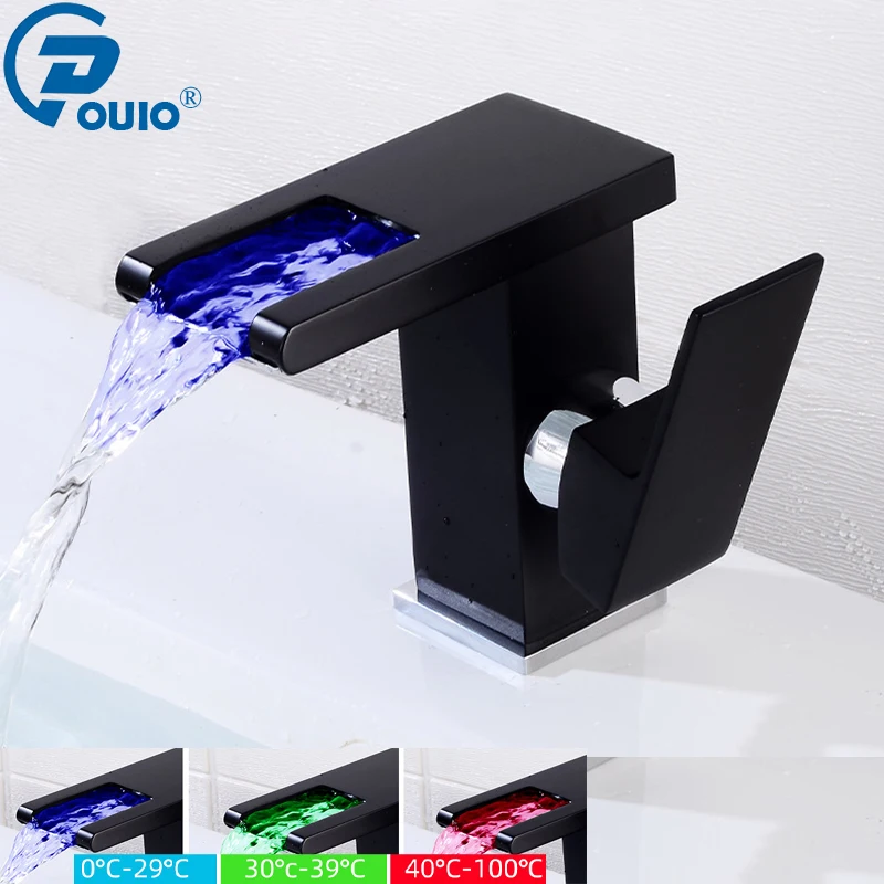 Смеситель OUIO для раковины в ванную комнату черный светодиодный кран Водопад с