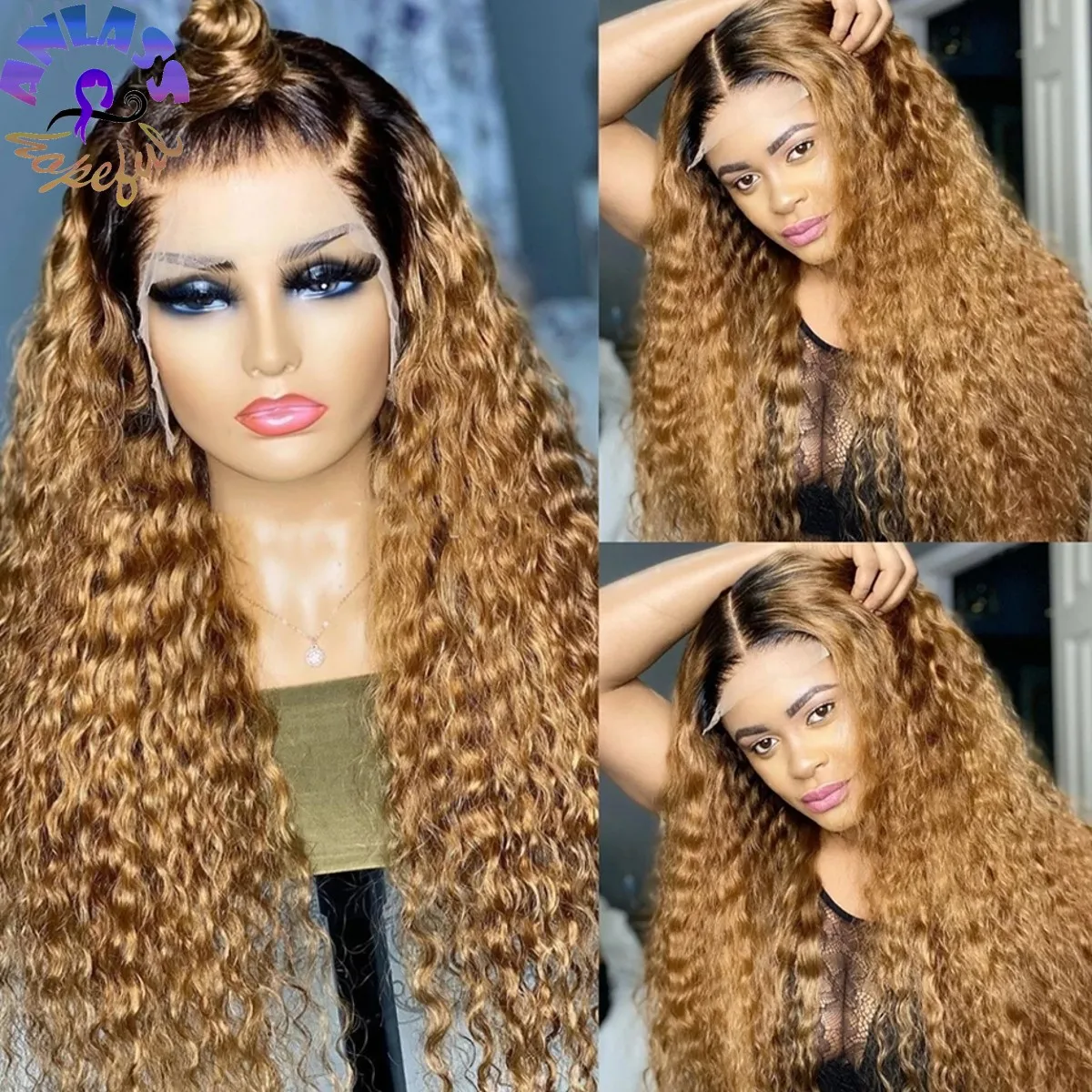 

180Density Ombre blonde Color Synthetic Lace Front Wig Black /Ombre Burgundy Red Kinky Curly Lace Frontal Wig For Black Women
