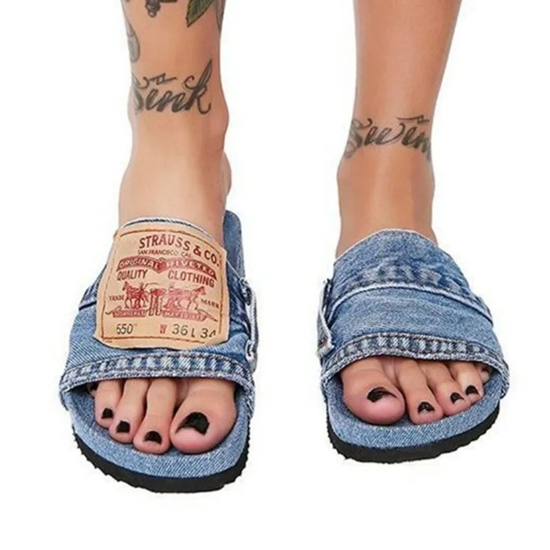 

Chausson Ladies Slippers Summer 2021 Fashion Denim Upper Non-slip Rubber Flat Flip Flop For Women Vacation Beach Shoes Pantoufle