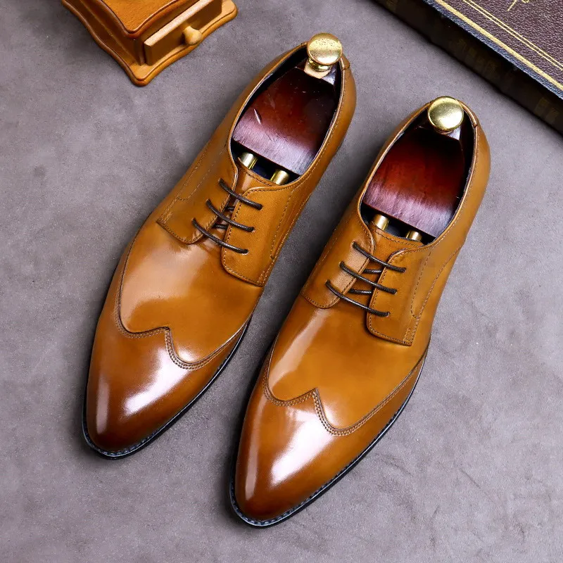 

Mens Brown Formal Shoes Classic Pointed Toe Lace Up Genuine Leather Business Leisure Office Career Zapatos Scarpe 37-46 ERRFC