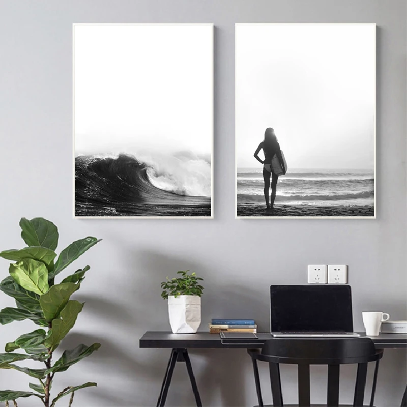 

Canvas Painting Wall Art Black and White Landscape Poster Ocean Wave Sunset Beauty Surfboard Print Living Room Decoration